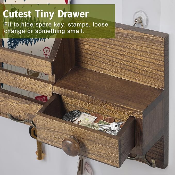 Key Holder Wall Mount, Wooden Adhesive Mail and Key Organizer - Image 4