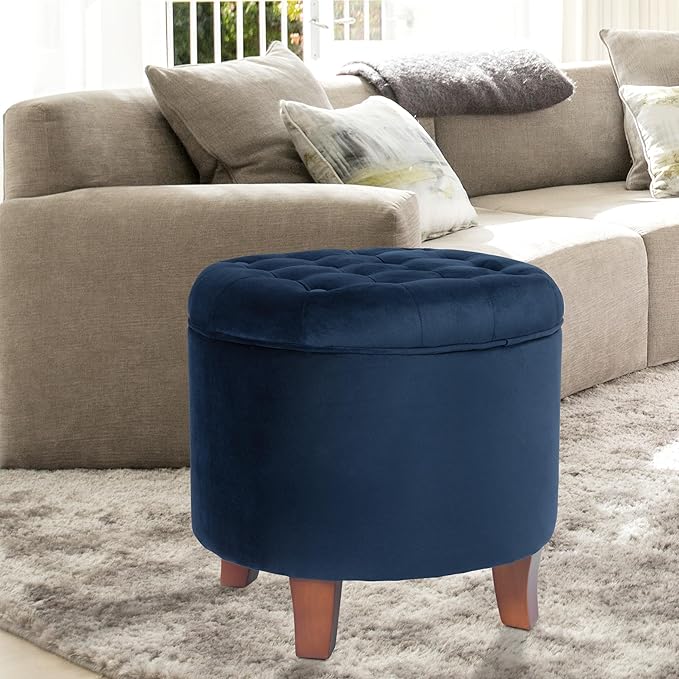 HomePop by Kinfine Fabric Upholstered Round Storage Ottoman - Velvet Button Tufted Ottoman with Removable Lid, Navy Blue-DeskLoop Office