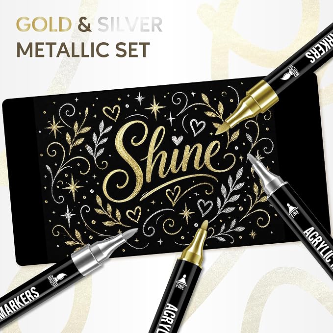 Pagather Gold and Silver Acrylic Paint Markers, 12 Pack Dual Tip - Image 3