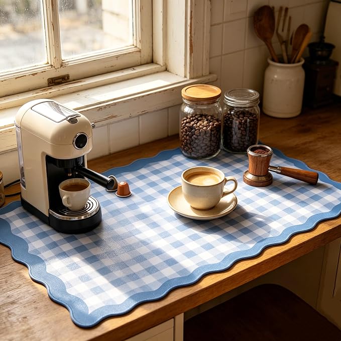 yuboo 31"×15.7" Scalloped Blue White Gingham Waterproof Pastel Desk Mat Vintage - Image 7