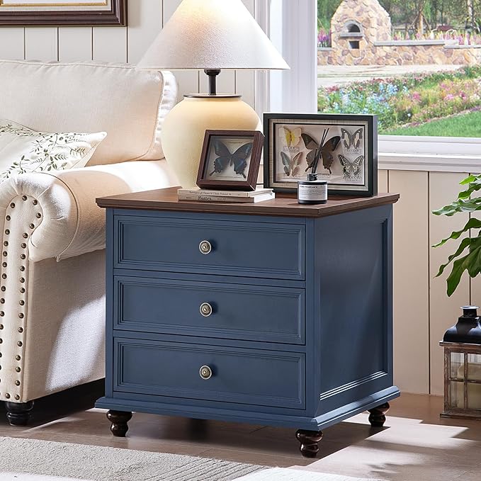 24" Wide Farmhouse Night Stand Set of 2,Large End Table with 3 Drawers & Metal Handle,Blue Wood Dresser for Bedroom Cabinet, Bed Side Table Chest of Drawers,Nightstand for Living Room,Closet-DeskLoop Office