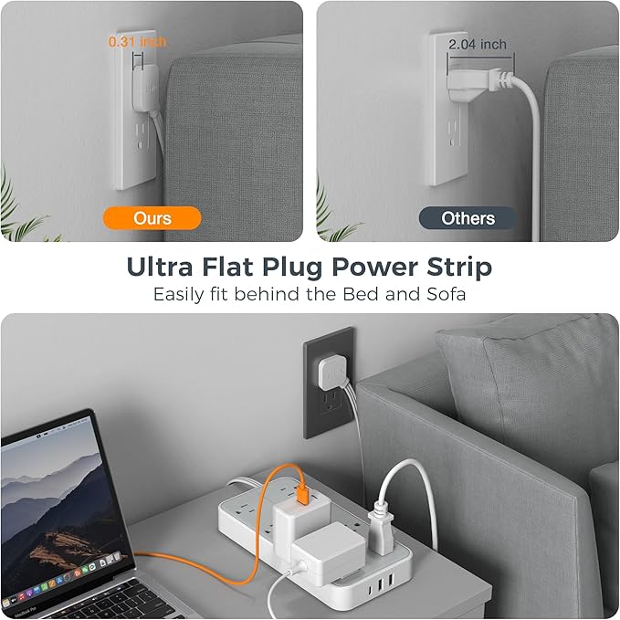 Flat Plug 15 FT Extension Cord, TESSAN Surge Protector Power Strip with 8 AC and 3 USB(1USB-C) Ports, 1080J Protection, Wall Mount Widely Spaced Charging Station for Home, Office, School, Dorm Room-DeskLoop Office