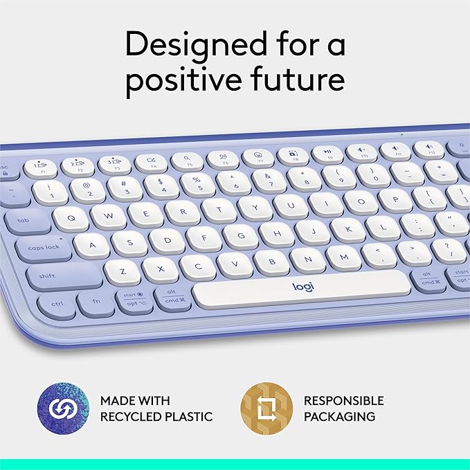 Logitech POP ICON Keys Wireless Bluetooth Keyboard, Comfortable Typing, Programmable Keys, Easy-Switch Between up to 3 Devices, for Laptop, Tablet, PC – Lilac and Off-White-DeskLoop Office
