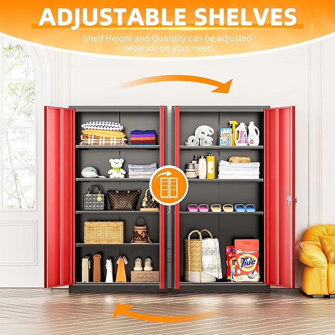 INTERGREAT Garage Storage Cabinet with Lockable Door, 72" H Metal Locking Cabinets with 4 Adjustable Shelves,Black Red Steel Cabinets Storage for Home Office, Warehouse，School-DeskLoop Office