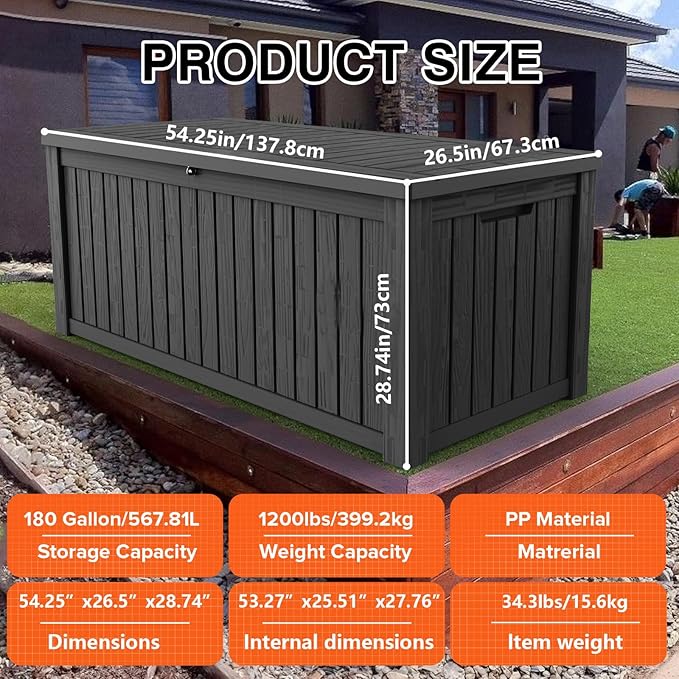 180 Gallon Lockable Resin Deck Box, Waterproof & UV-Resistant Outdoor Storage Box for Outdoor Cushion Storage, Garden Tools & Pool Accessories Storage, Black-DeskLoop Office