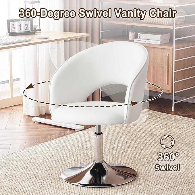 Furnimart Vanity Chair White Leather Vanity Stool, Height Adjustable Accent Chair with Back, Round Swivel Makeup Chair for Living Room Bedroom Vanity Makeup Room (PU White)-DeskLoop Office