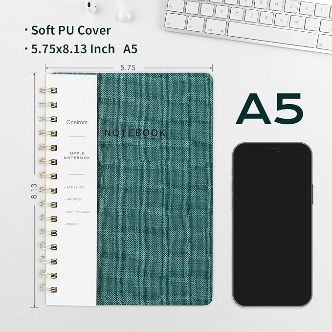 Spiral Notebook-5.75" x 8.125" College Ruled Journal with Inner Pockets and 160 Pages,PU Leather Cover Business Journal, Twin-Wire Binding Notebook Perfect for Office & Home School Supplies-DeskLoop Office