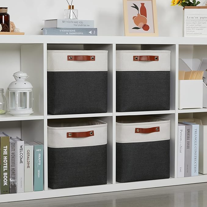 DULLEMELO Set Of 4 Cube Storage Bins, Fabric Storage Basket for Shelves Closet Nursery Toy Storage, 12 Inch Collapsible Fabric Bins for Toy Book Magazine Towel Organizers(4 Pack - 12" White&Black)-DeskLoop Office