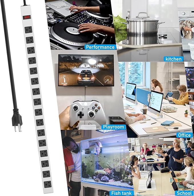 JUNNUJ Metal 16 Outlet Power Strip, Mountable Heavy Duty Power Strip, 1200J Surge Protector Wall Mount Screws Outlet with Switch, Gaming Desk Strips Wide Spaced 15A 125V 1875W, 10 FT 14AWG Power Cord-DeskLoop Office