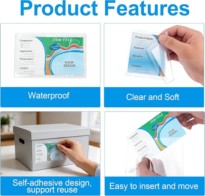 52PCS Clear Index Card Pockets Self-Adhesive 3"X5" Top Open Label Holder - Image 4