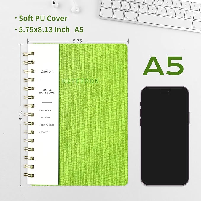 Lined Spiral Notebook College Ruled A5 Journal Book for Note Taking, 160 Pages Writing Journal for Office and Home School Supplies 5.75x8.125 inch - Light Green-DeskLoop Office