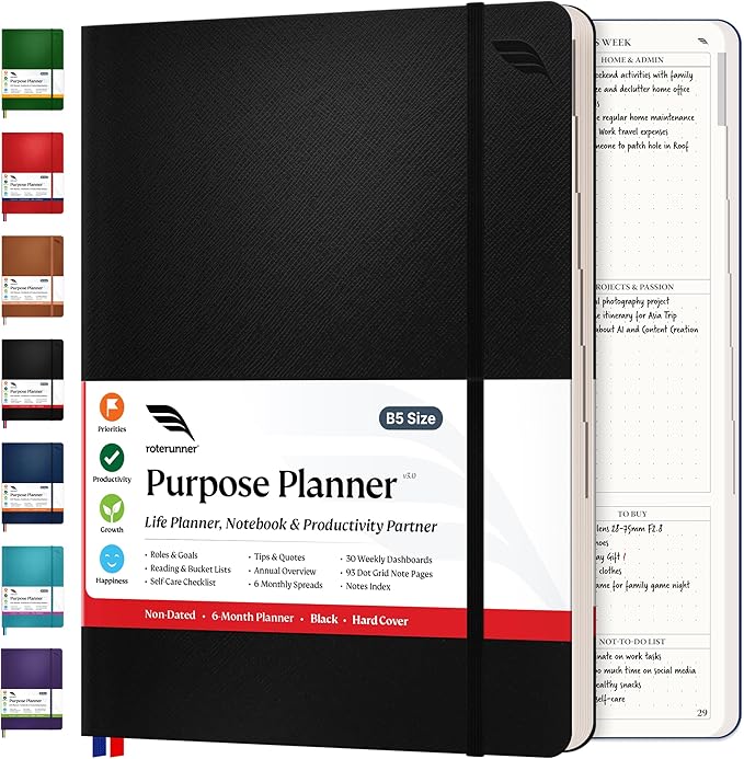 Purpose Planner Notebook B5 7.5”x9.8” Undated 2025 Daily Weekly and Monthly Productivity Goal Setting Tool for Work Home ADHD for Adults Self Care Journal-DeskLoop Office