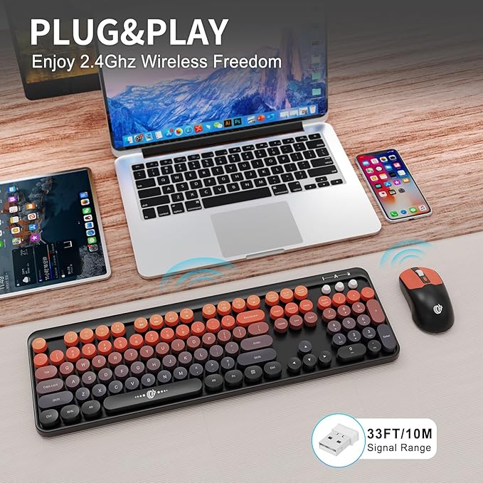 FOPETT Wireless Keyboard and Mouse Combo, 104 Keys Full-Sized 2.4 GHz Round Keycap Colorful Keyboards, USB Receiver Plug and Play, for Windows, Mac, PC, Laptop, Desktop (BlackOrange)-DeskLoop Office