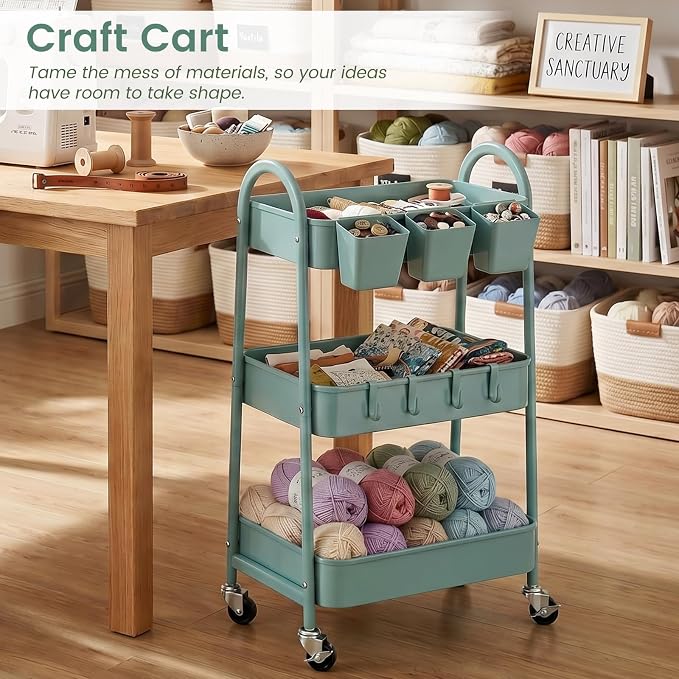 danpinera 3-Tier Rolling Cart, Utility Cart Mobile Metal Rolling Storage Cart - Image 6