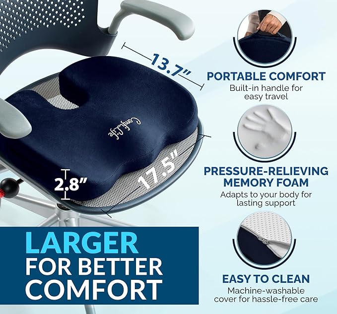 ComfiLife Gel Enhanced Seat Cushion – Office Chair Cushion – Non-Slip Gel & Memory Foam Coccyx Cushion for Tailbone Pain - Desk Chair Car Seat Cushion Driving - Sciatica & Back Pain Relief (Navy)-DeskLoop Office