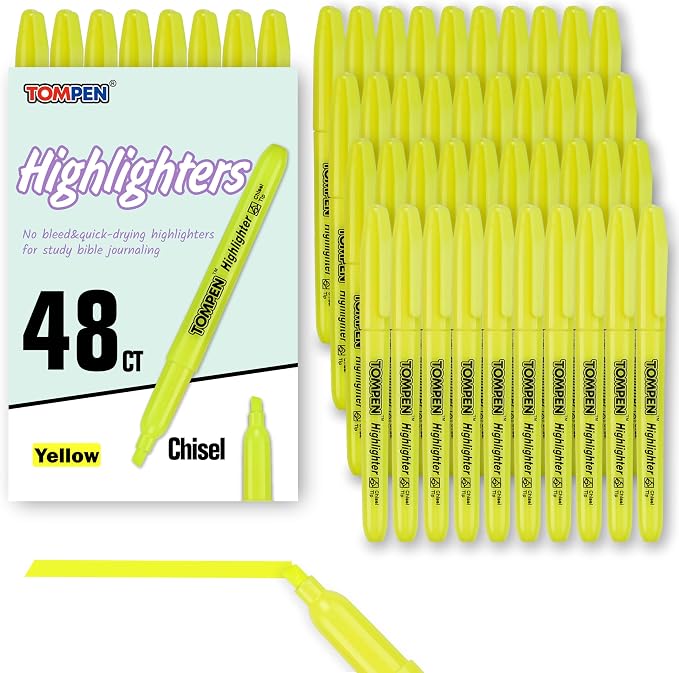 Highlighters Yellow 48 Pack, Bible Highlighters No Bleed–Bulk Chisel Tip High by TOMPEN