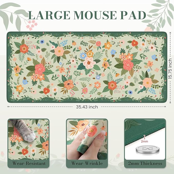 iCasso Floral Desk Mat for Keyboard and Mouse, Cute Gaming Mouse Pad XXL - Image 3