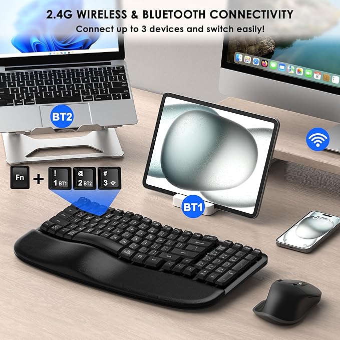 Ergonomic Keyboard and Mouse Combo, Bluetooth/2.4G Wireless Ergo Wave Curved Keyboard with Cushioned Palm Rest and 6 Levels DPI Adjustable Silent Mouse, Multi-Device for Windows/Mac/Android-DeskLoop Office