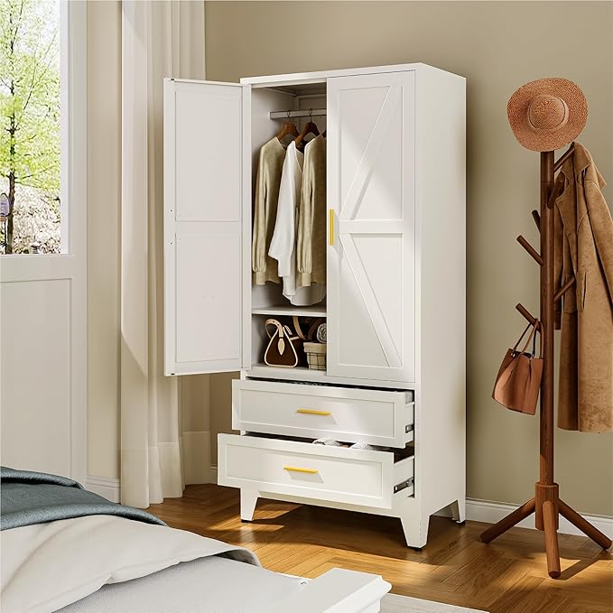 Farmhouse Wardrobe Cabinet with 2 Drawers,Metal Wardrobe Closet with Hanging Rod,Metal Armoire with Adjustable Shelves for Bedroom,Living Room, Cloak Room,Office (White)-DeskLoop Office