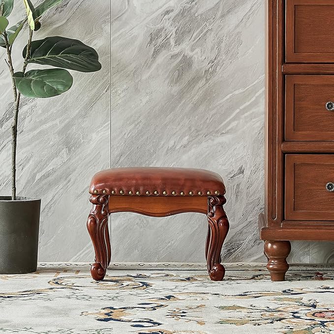 Foot Stool Ottoman Foot Rest Microfiber Leather Upholstered Footstool for Sofa, Living Room, Entryway, Solid Wood Stool (Flat Brown)-DeskLoop Office