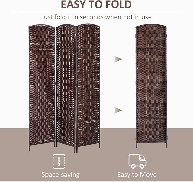 HOMCOM Room Divider, 3 Panel Folding Privacy Screen, 6FT Tall Portable Wicker Weave Partition Wall Divider for Bedroom, Home Office, Brown-DeskLoop Office