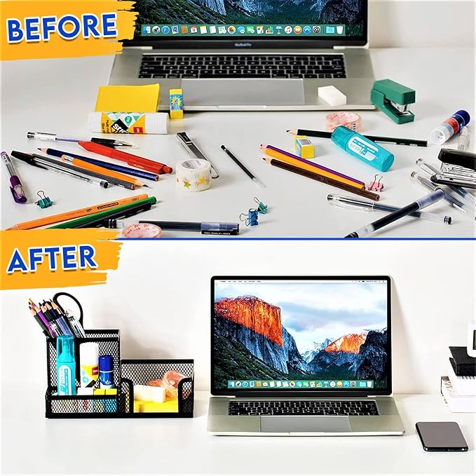 2 Pack 3 in 1 Mesh Pen Holder for Desk, 3 Compartments Pencil Holder Desk - Image 4