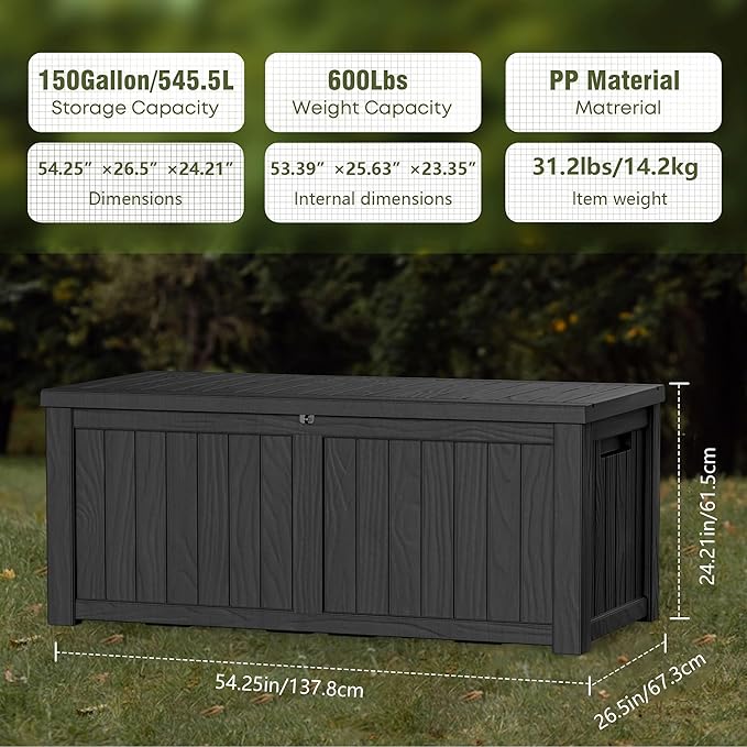 150 Gallon Lockable Resin Deck Box, Waterproof & UV-Resistant Outdoor Storage Box for Outdoor Cushion Storage, Garden Tools & Pool Accessories Storage, Black-DeskLoop Office