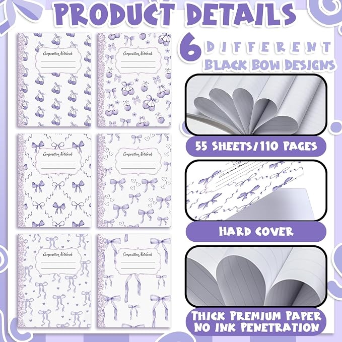 Fullhawl 6 Pack Composition Notebook College Ruled Bulk Light Purple Bow - Image 5