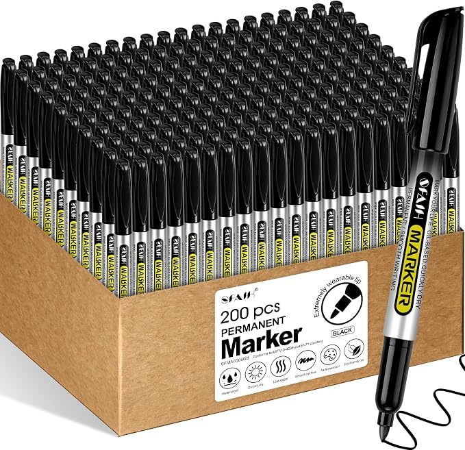SFAIH 200 Black Permanent Markers Bulk -1s Quick Drying, Fine Point Markers by SFAIH