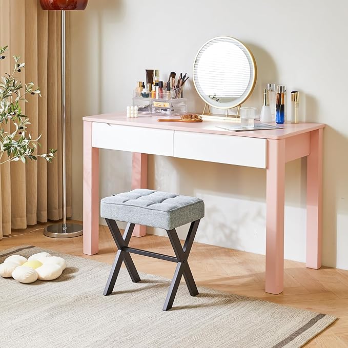 IBUYKE Square Makeup Stool with X-Leg Foot Rest, Linen Footrest, Ottoman Seat, Multi-Use as Small Side Table, for Bedroom, Living Room, Blue Gray LG-70L-DeskLoop Office