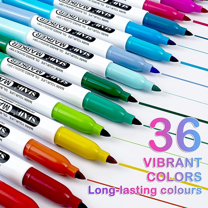 SFAIH 36 Colors Permanent Markers - Assorted Vibrant Colors, Quick Drying, Fade Resistant, Alcohol-Based Fine Point Permanent Markers for Paper, Plastic, Wood, Coloring, Drawing Doodling, Waterproof-DeskLoop Office