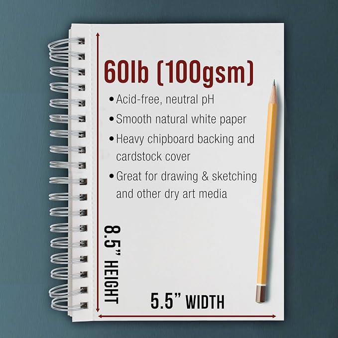 U.S. Art Supply 5.5"x8.5" Sketch Book Pad, 3 Pack, 60lb Spiral Bound - Image 3