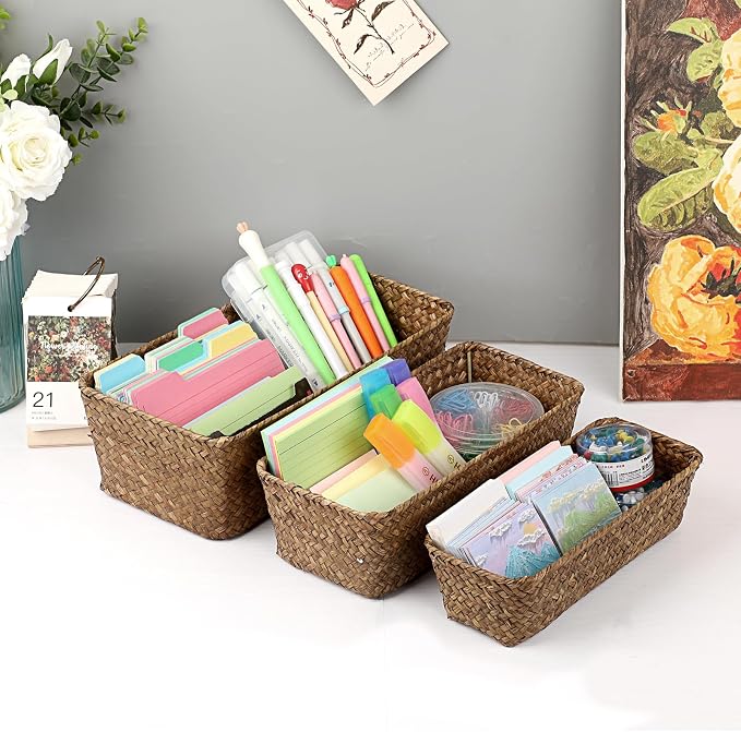 3 Natural Wicker Basket Set Rectangular Handwoven Seagrass Basket Storage Bins - Image 6