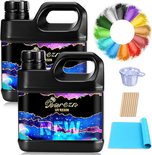 Bsrezn 2000g UV Cure Resin Kit with Mica Powders of 12 Colors, Premixed Resin for Jewelry Making and Craft Decoration(2 x 1000g)