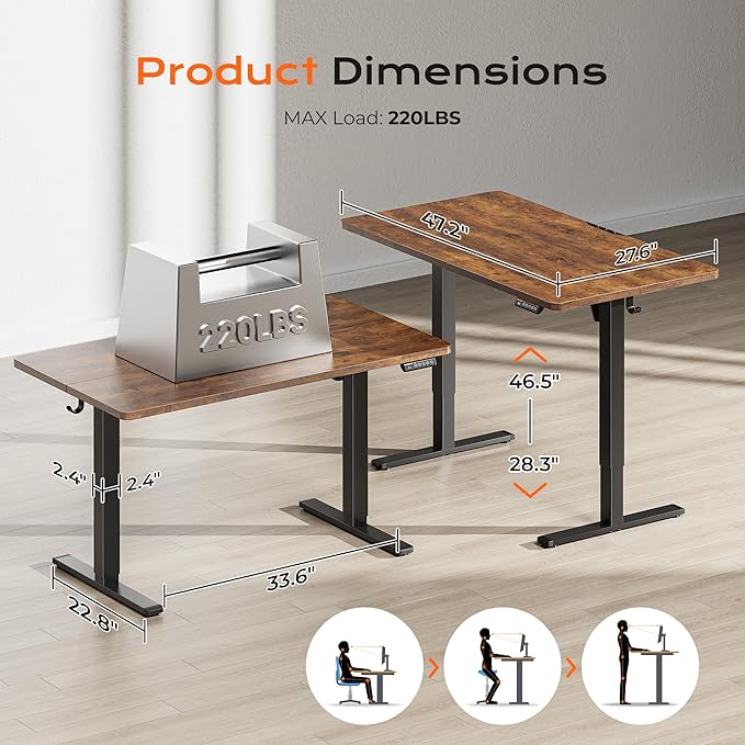 Huuger 48 x 28 Large Electric Standing Desk, Height Adjustable Desk, 27.6" Deep Desktop, Stand up Gaming, 2 Hooks, 3 Preset Heights, for Home Office, Rustic Brown-DeskLoop Office