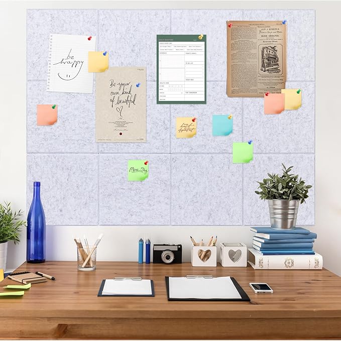 Large Cork Board Alternative, 12 Pack Felt Board with Safe Removable Adhesive Tabs Felt Wall Tiles, Large Cork Boards for Walls, Cork Board for Home Office, Pin Boards for Walls, Marble White-DeskLoop Office