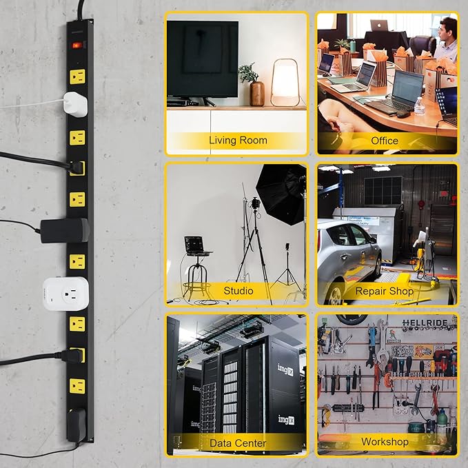 SURAIELEC 12 Outlet Long Metal Power Strip, 15FT Cord Surge Protector, Angled Flat Plug, Wide Spaced Outlet Bar, 15A Breaker, Wall Mountable, Industrial Heavy Duty for Work Bench, Shop, Garage, 2 Pack-DeskLoop Office