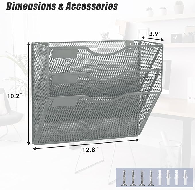 EASEPRES 3 Pocket Mesh Hanging Wall File Organizer, Wall Mounted Mail Paper Document Folder Holder, Clipboard Storage Organization Magazine Rack with Nametag Label for Office Home School, Gray-DeskLoop Office