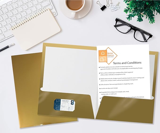 Better Office Products 2 Pocket Glossy Laminated Metallic Gold Paper Folders - Image 3