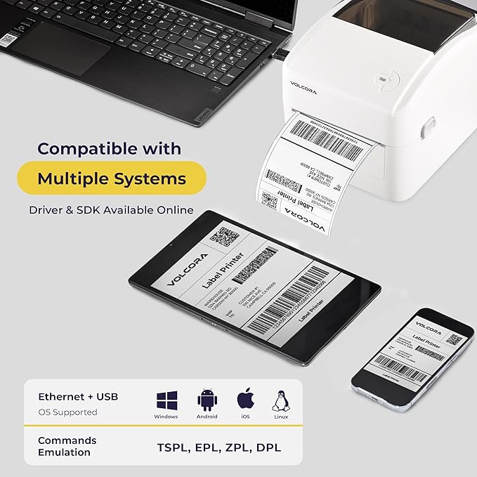 Volcora Thermal Label Printer with Ethernet/USB - Desktop 4x6 Shipping Label Printer, Compatible with Windows, Linux, Mac - Ideal for Small Business, Inkless Printer for Shipping Packages (White)-DeskLoop Office