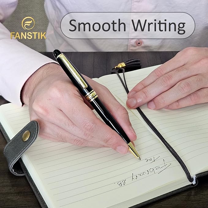 Customized BallPoint pen with name (MADE IN USA), stainless steel, black and gold, luxury engraved pen personalized for men and for women. (BallPoint Black-Gold)-DeskLoop Office