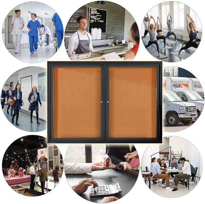 Enclosed Bulletin Board Outdoor Noticeboard with Locking Door, Weather-Resistant, Cork, Black Aluminum Frame, 48 x 34 in-DeskLoop Office