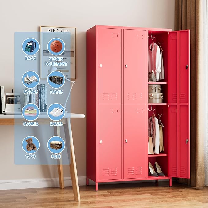 6 Doors Metal Locker with Business Card Holder and 18 Hooks,Metal Locker for Employees with Ventilation Holes for School Garage Office Gym Home,Assembly Required,Red-DeskLoop Office