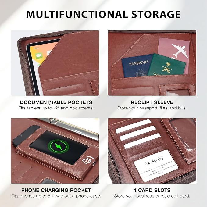 Ospelelf Zippered Padfolio Organizer, Faux Leather 3 Ring Binder - Image 4