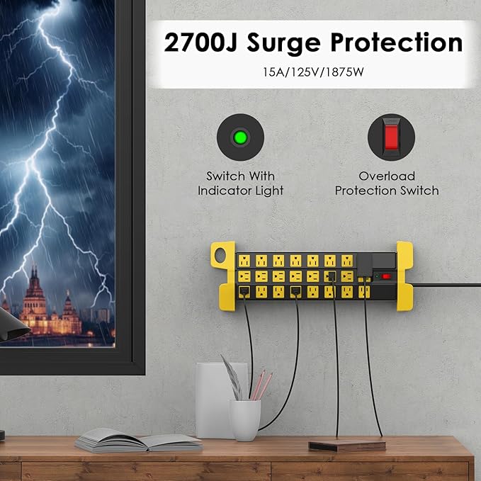 HHSOET Heavy Duty Power Strip with Surge Protection, Industrial Commercial Metal 24 Outlets Wall Mount for Garage Shop, 15 Amp, Switch, 6FT Extension Cord, Black.-DeskLoop Office