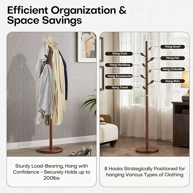 Wooden Coat Rack Freestanding - Heavy Duty Coat Tree Stand with 8 Bud-Shaped Hooks, Sturdy Round Base Coat Hanger for Entryway, Bedroom, Jackets & Clothes, 200lbs Capacity (Walnut)-DeskLoop Office