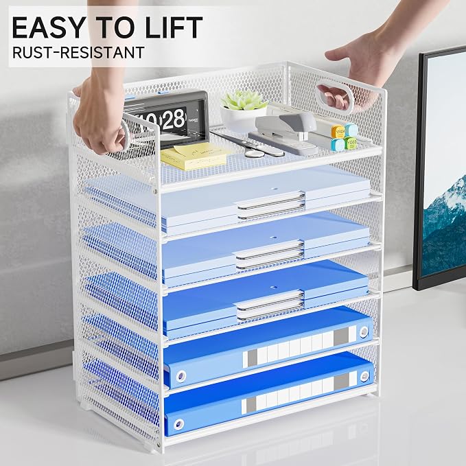 Paper Organizer for Desk with Handle, 6-Tier Metal Mesh File Organizer | - Image 3