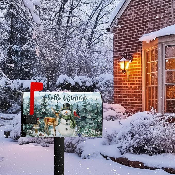Hello Winter Snowman Mailbox Covers Magnetic Christmas Snow Xmas Mailbox Cover - Image 2