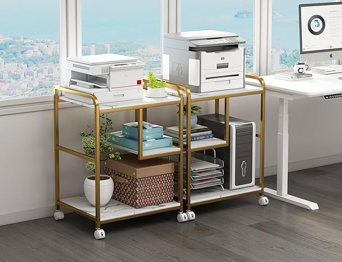 Large Printer Table Stand with Shelf for Computer Tower, CPU and Shredder, 22 x 18 Inch Rolling Printer Cart with Wheels for Home Office Storage and Organization - White Gold-DeskLoop Office