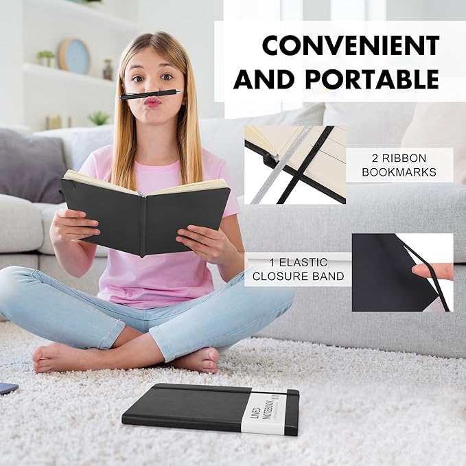 Aodaer Lined Notebook Journal with Pen A5 Notebooks 100 GSM College Ruled Hardcover Notebook PU Leather Notepad with Pen Holder for Office School, 5.7 x 8.3 Inches, Black-DeskLoop Office